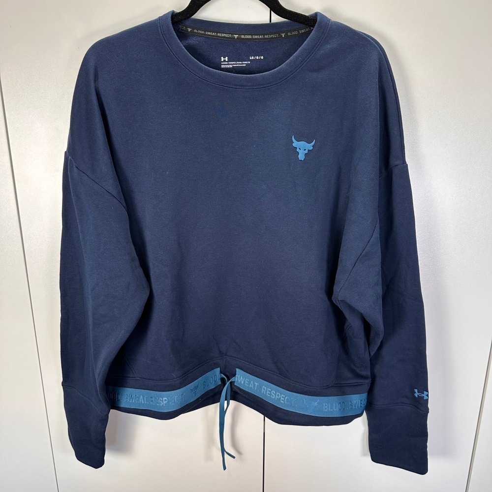 Under Armour Project Rock Sweatshirt Womens Large Blue Drawstring Athleisure